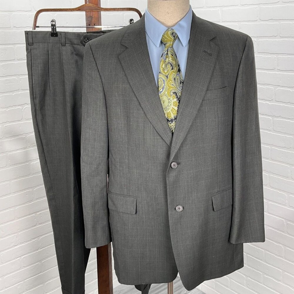 Austin Reed Suit Men 40 33W Gray Blue Plaid Classic Career Union USA VTG
